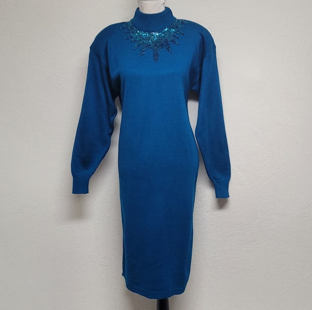 Deadstock Vintage 70s Darian Teal Sequin Starburst Mockneck Midi Sweater Dress M - Picture 2 of 12